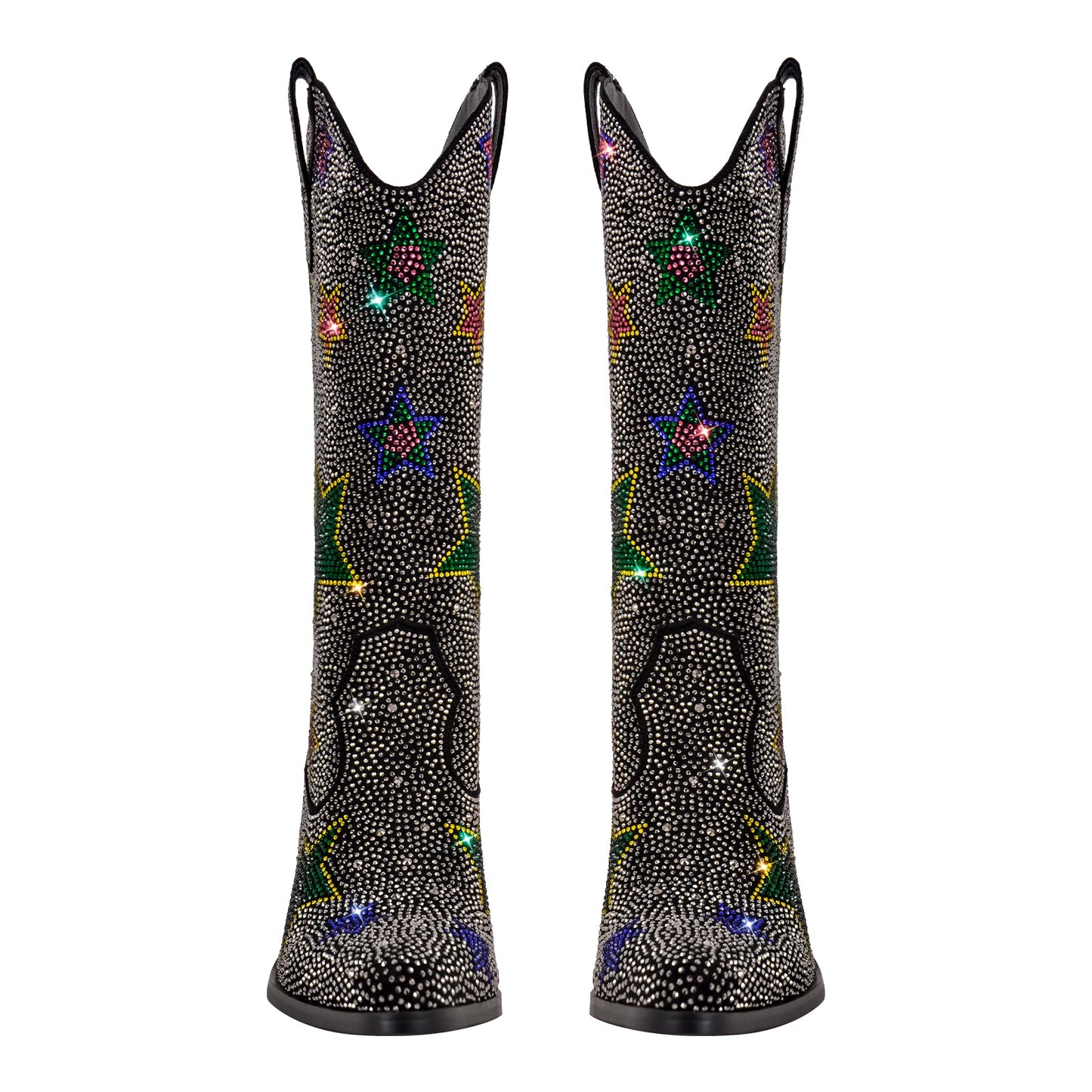 Rhinestone Star Chunky Heel Mid-Calf Western Boots