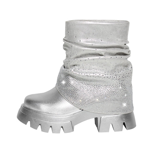 Round Toe Chunky Heel Rhinestone Fold Over Boots