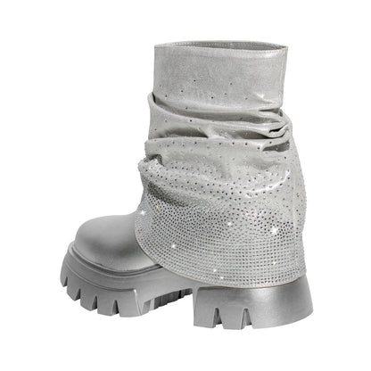 Round Toe Chunky Heel Rhinestone Fold Over Boots