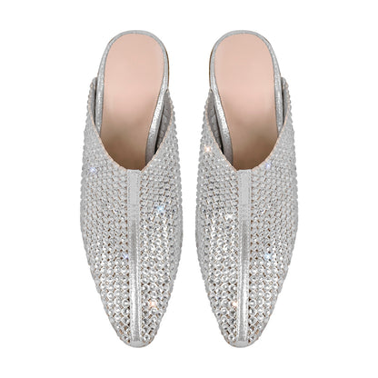 Rhinestone Wooden Chunky Heel Mules