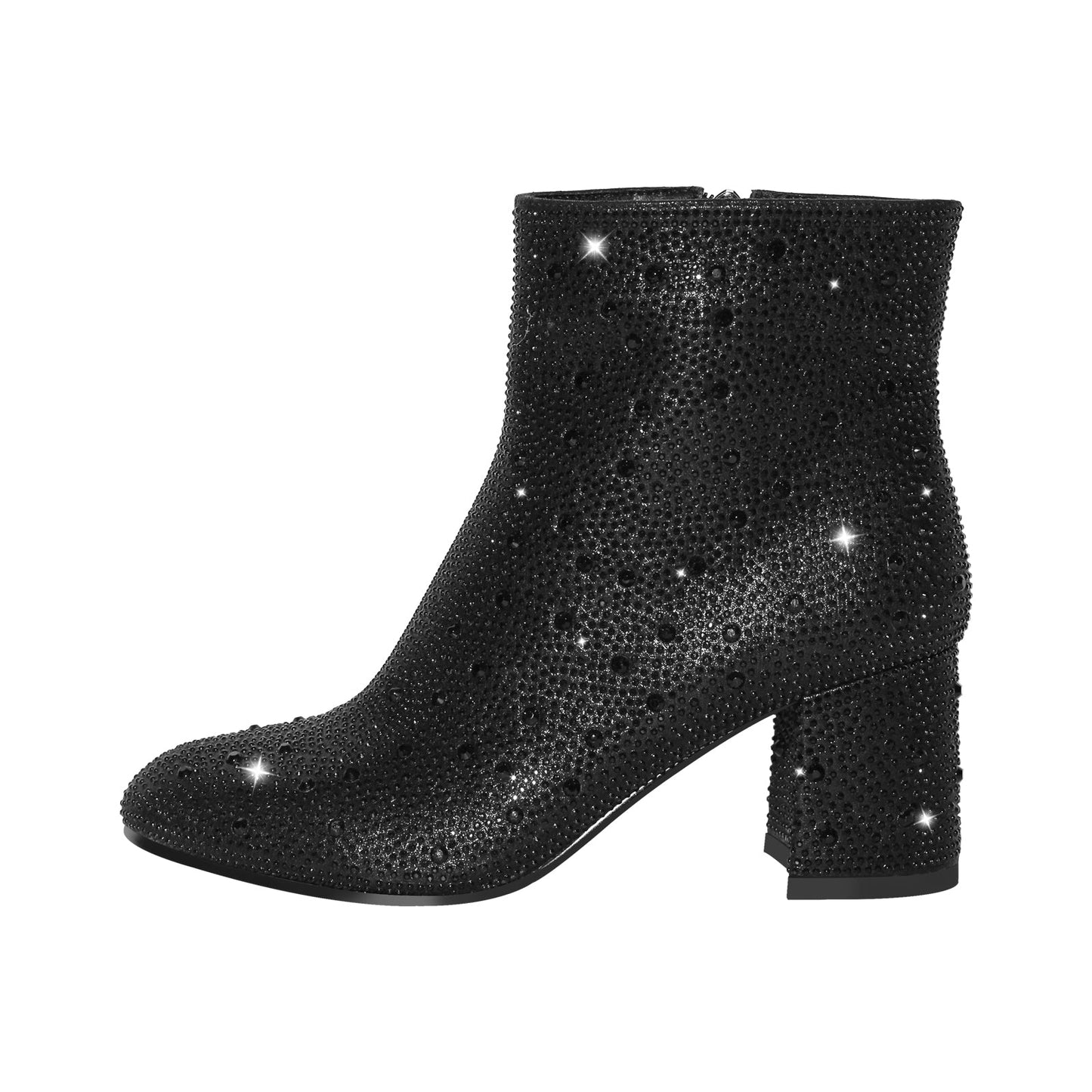 Round Toe Rhinestone Chunky Ankle Boots