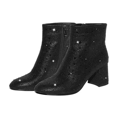 Round Toe Rhinestone Chunky Ankle Boots