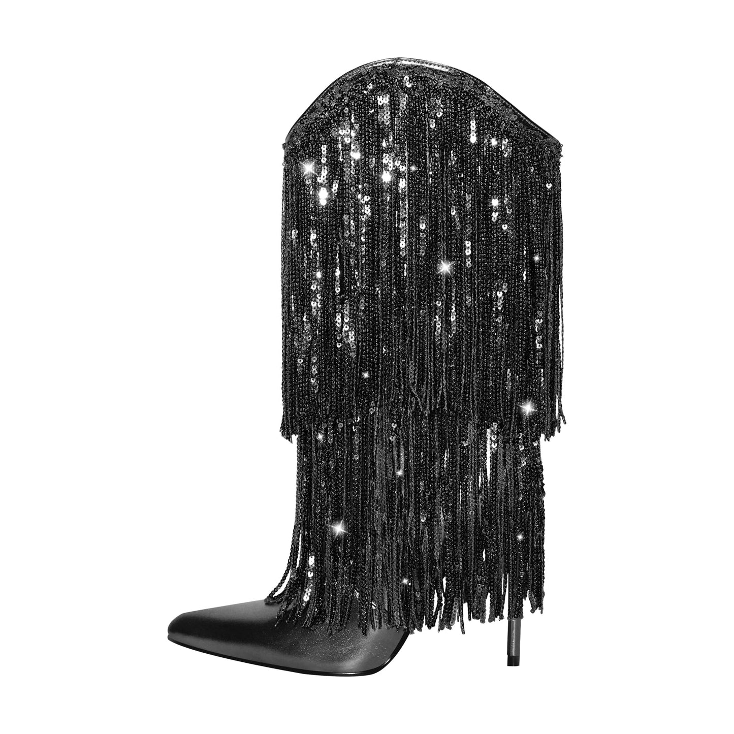 Pointed Toe Stilettos Sequin Fringe Boots