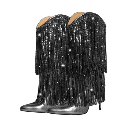 Pointed Toe Stilettos Sequin Fringe Boots