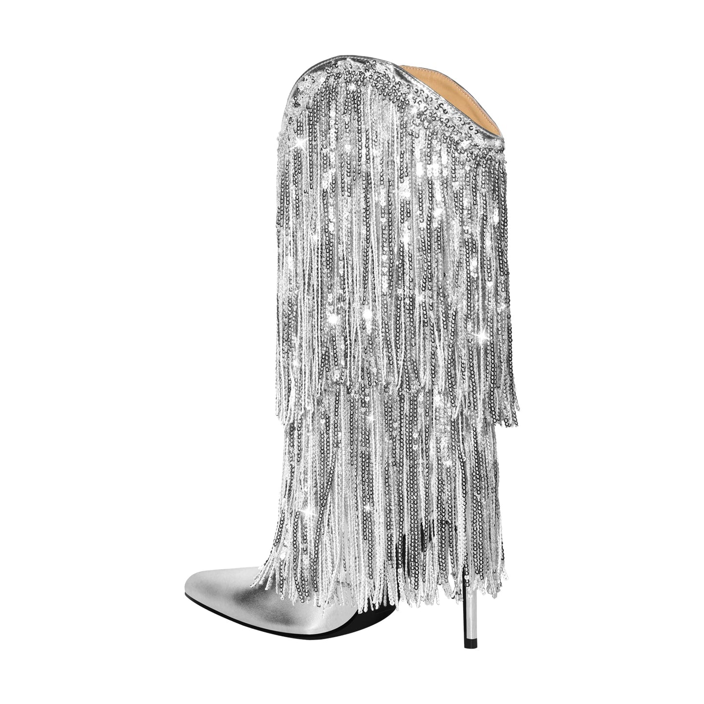 Pointed Toe Stilettos Sequin Fringe Boots