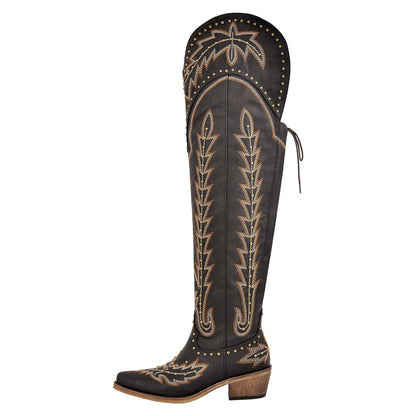 Studded Embroidered Over The Knee Western Boots