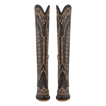 Studded Embroidered Over The Knee Western Boots