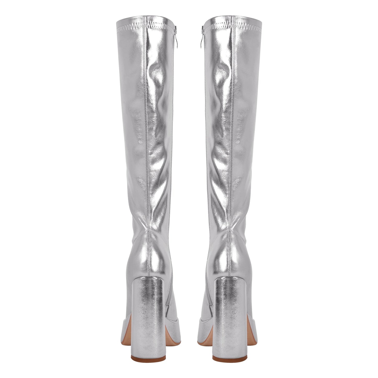 Metallic Leather Platform Chunky Heel Knee High Boots