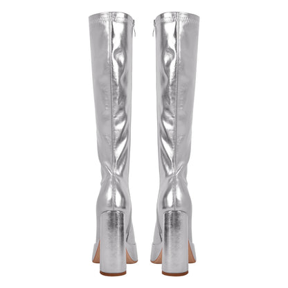 Metallic Leather Platform Chunky Heel Knee High Boots