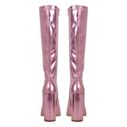 Metallic Leather Platform Chunky Heel Knee High Boots