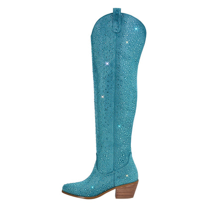 Chunky Heels Rhinestone Over The Knee Boots