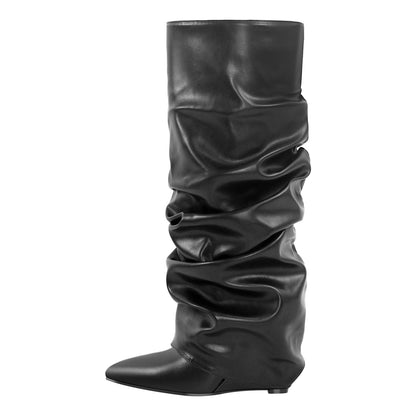 Black Pointed Toe Wedge Fold Over Knee Boots