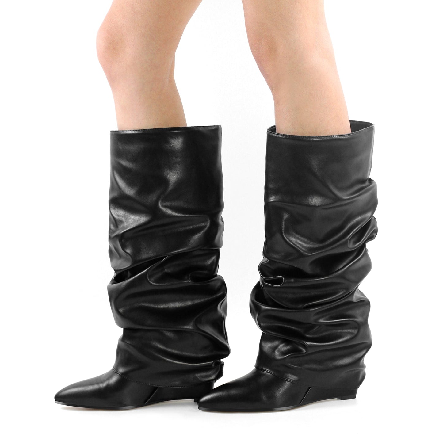 Black Pointed Toe Wedge Fold Over Knee Boots