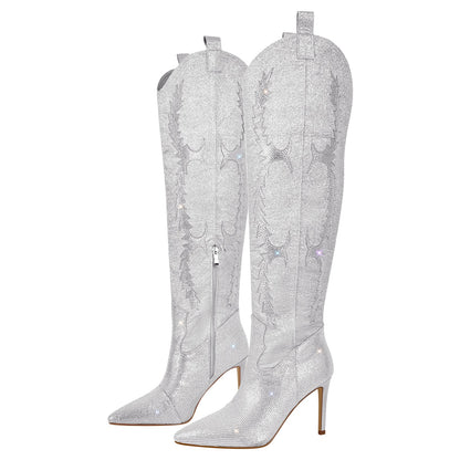 Pointed Toe Stiletto Rhinestone Over The Knee Boots