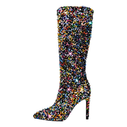 Sequins Pointed Toe Stiletto Knee Boots