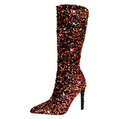 Sequins Pointed Toe Stiletto Knee Boots