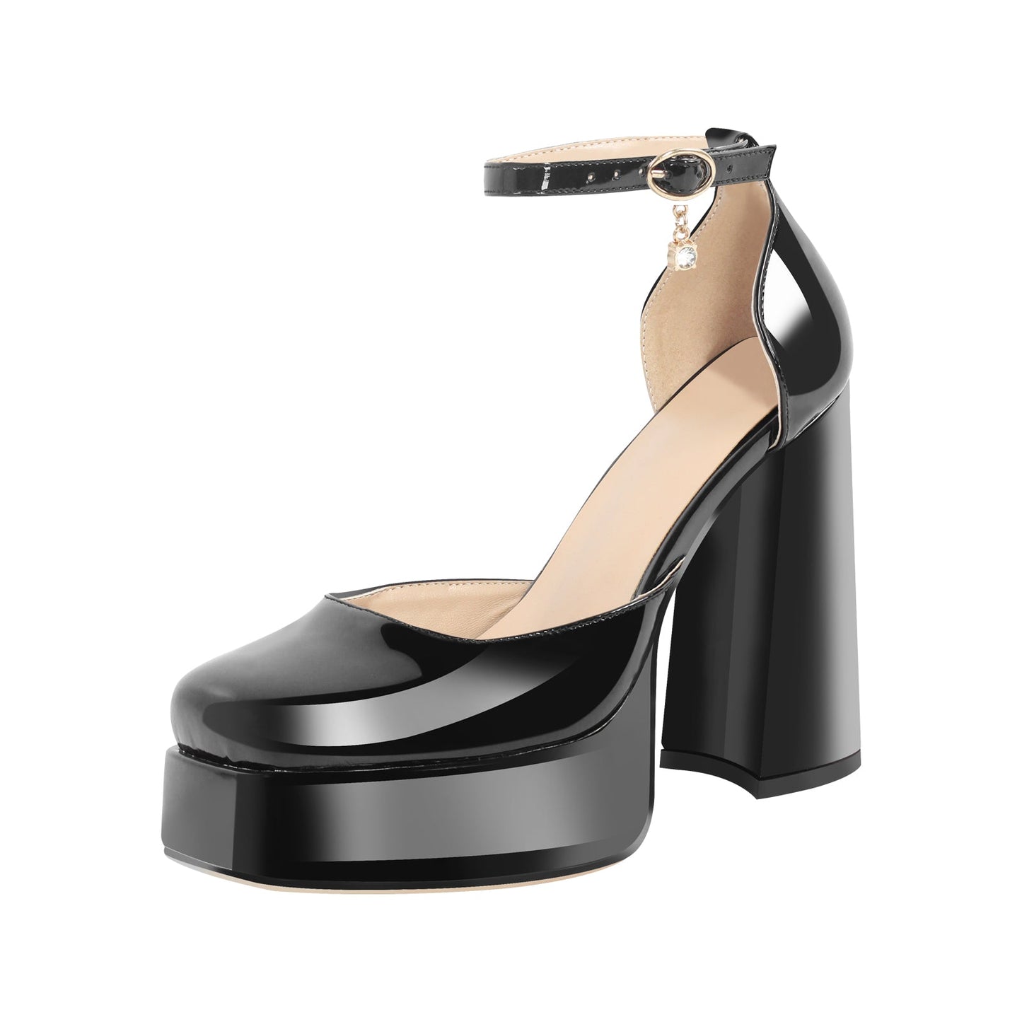 Square Toe Ankle Straps Platform Chunky Heel Pumps