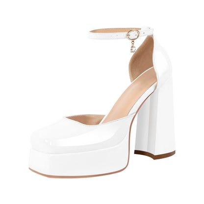 Square Toe Ankle Straps Platform Chunky Heel Pumps