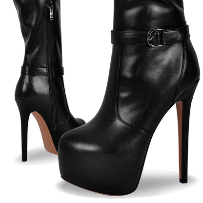 Round Toe Stiletto Platform Over The Knee Buckle Boots