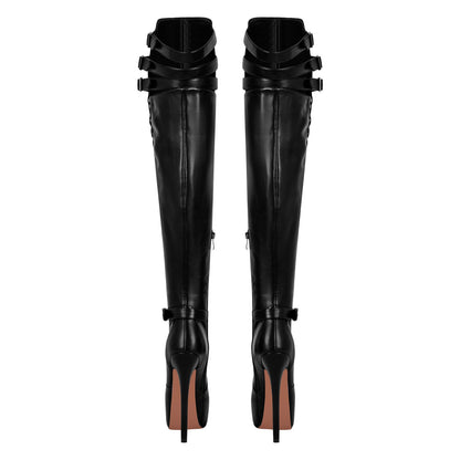 Round Toe Stiletto Platform Over The Knee Buckle Boots