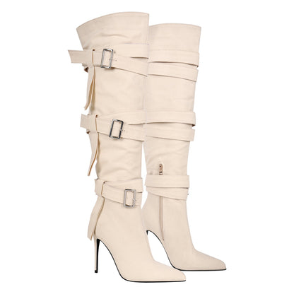 Pointed Toe Buckle Strap Over The Knee Boots