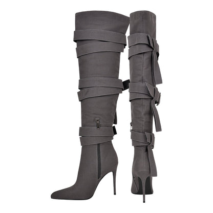 Pointed Toe Buckle Strap Over The Knee Boots