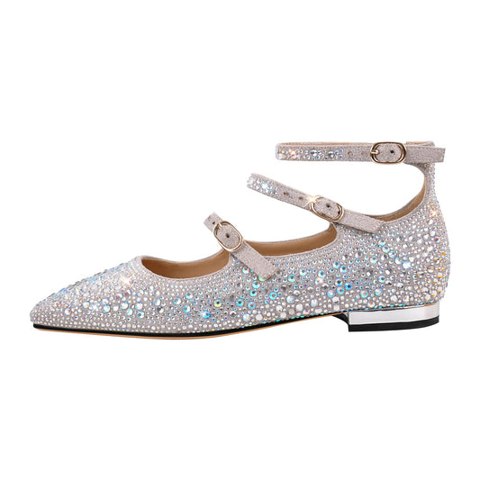 Rhinestone Strap Square Toe Buckle Flats