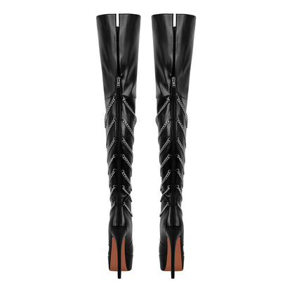 Metal Chain Round Toe Stiletto Over The Knee Boots