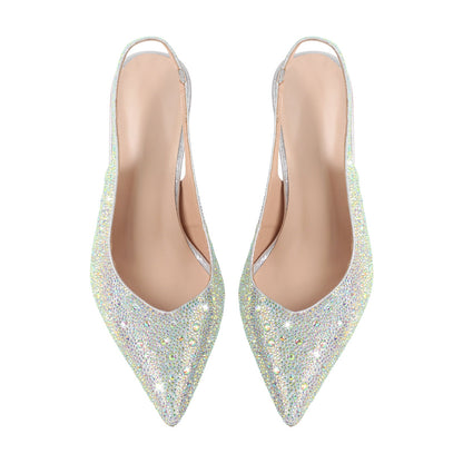 Pointed Toe Rhinestone Kitten Heel Slingback Pumps