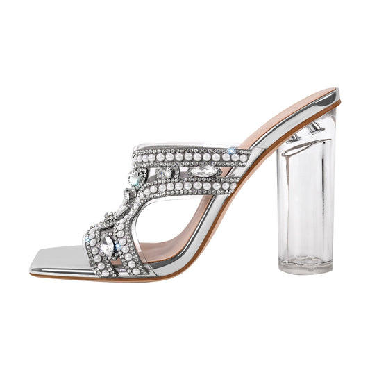 Pearl Rhinestone Square Toe Chunky Heel Sandals