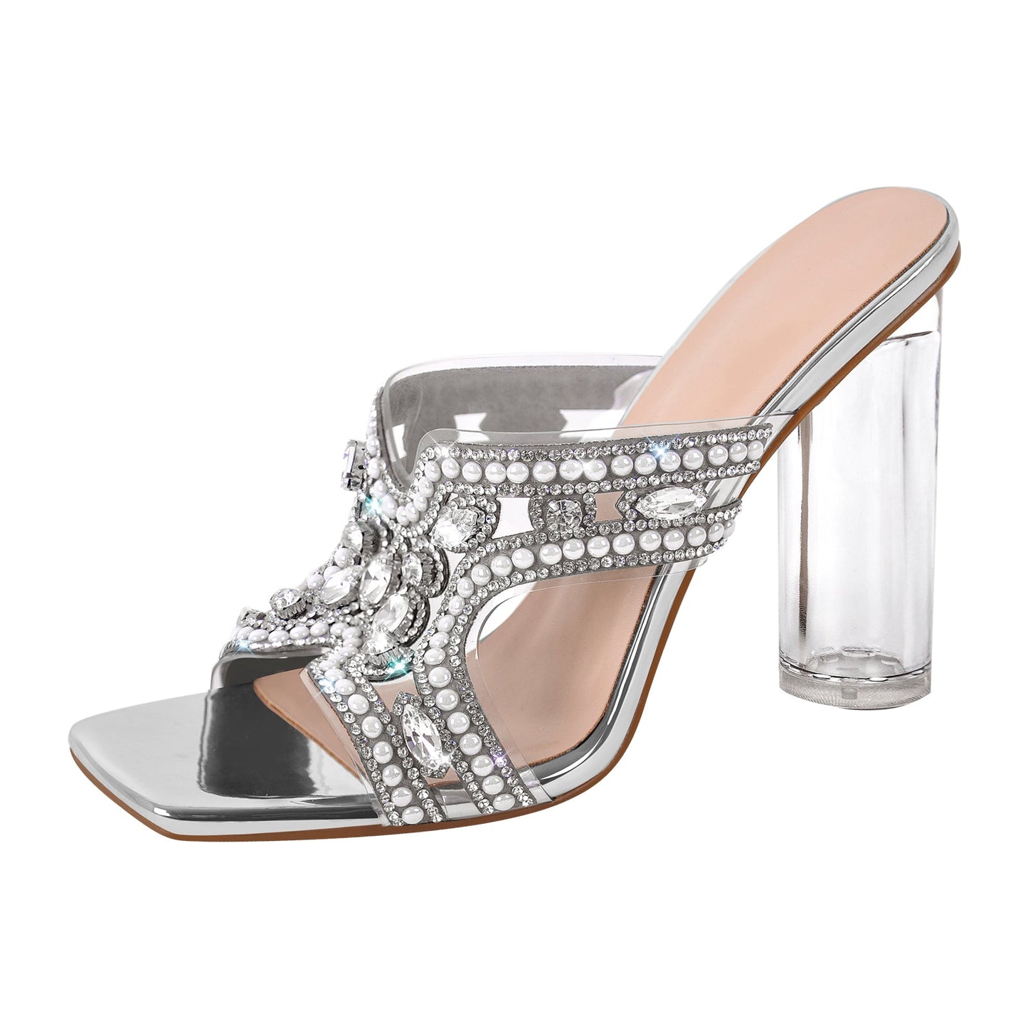 Pearl Rhinestone Square Toe Chunky Heel Sandals