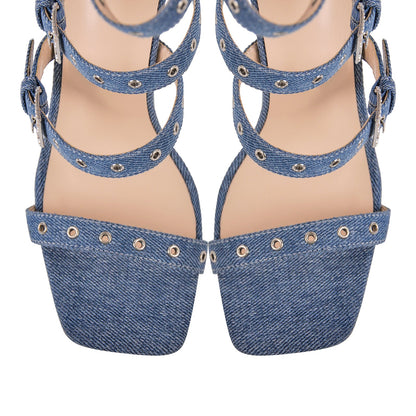 Denim Hollow Buckle Starp Thigh Stiletto Bootie Sandals