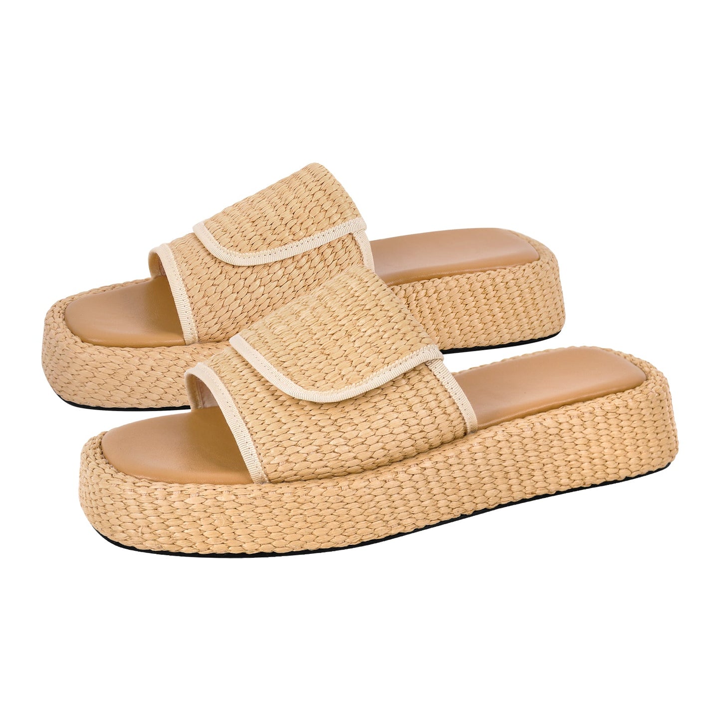 Straw Platform Square Toe Flats Slippers