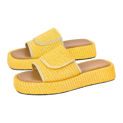 Straw Platform Square Toe Flats Slippers