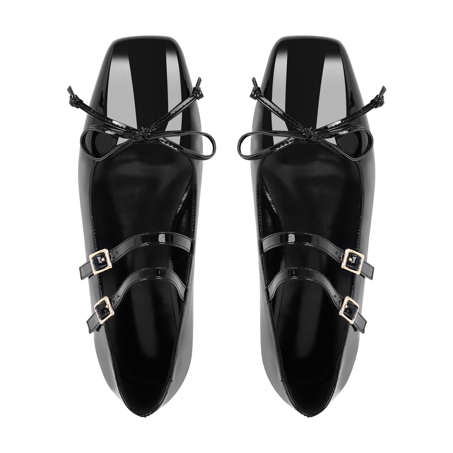 Black Bow Square Toe Buckle Ballet Flats