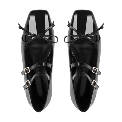 Black Bow Square Toe Buckle Ballet Flats