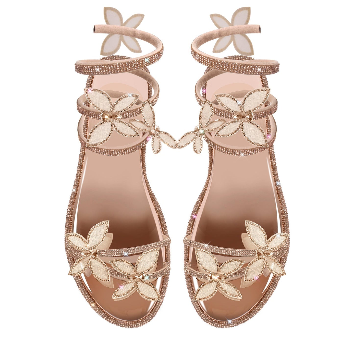 Butterfly Rhinestone Round Toe Strap Flat Sandals