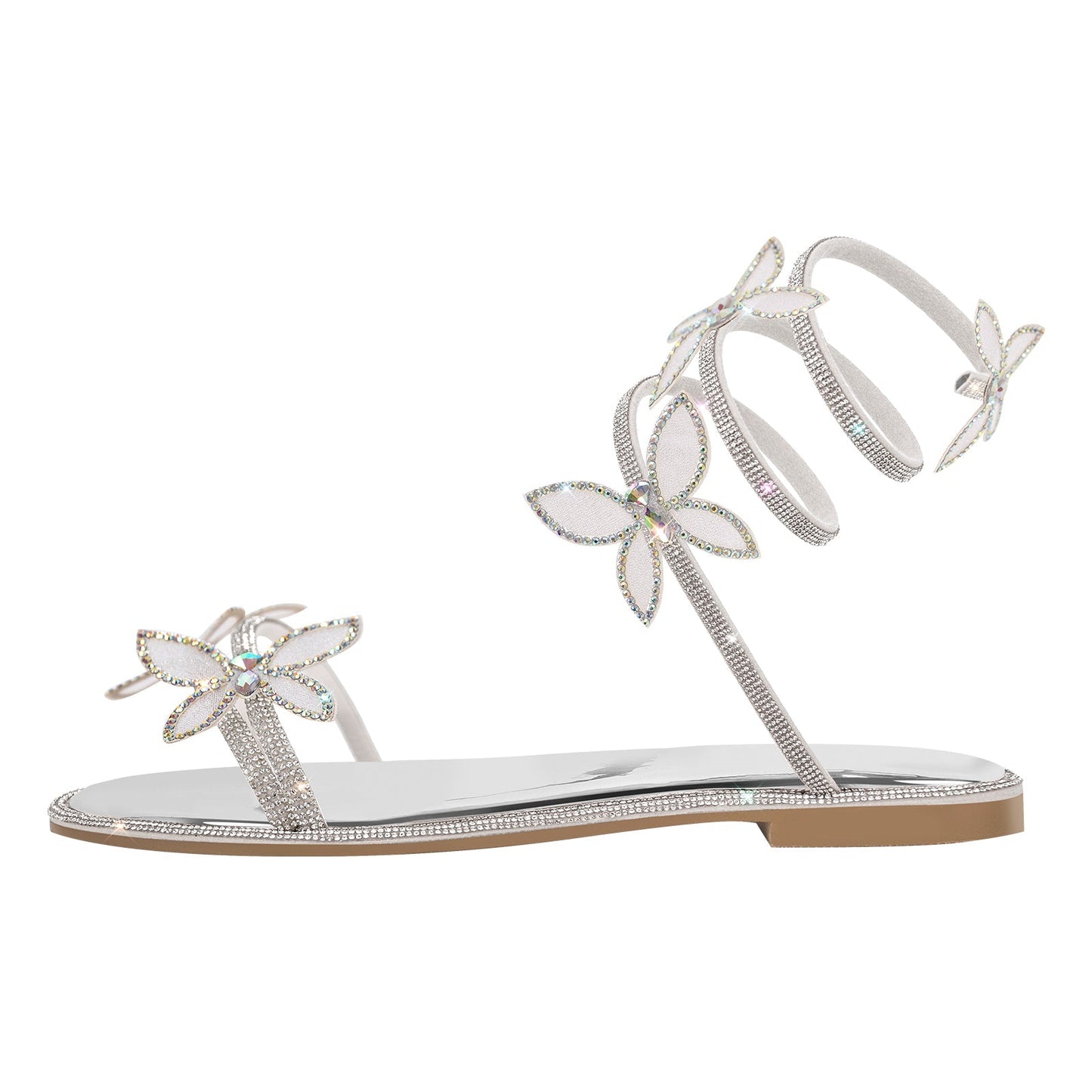 Butterfly Rhinestone Round Toe Strap Flat Sandals