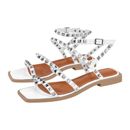 Rivet Square Toe Ankle Strap Flat Sandals