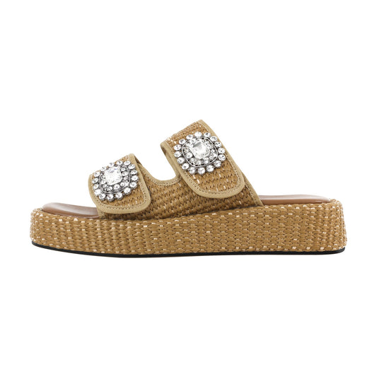 Rhinestone Square Toe Straw Platform Slippers