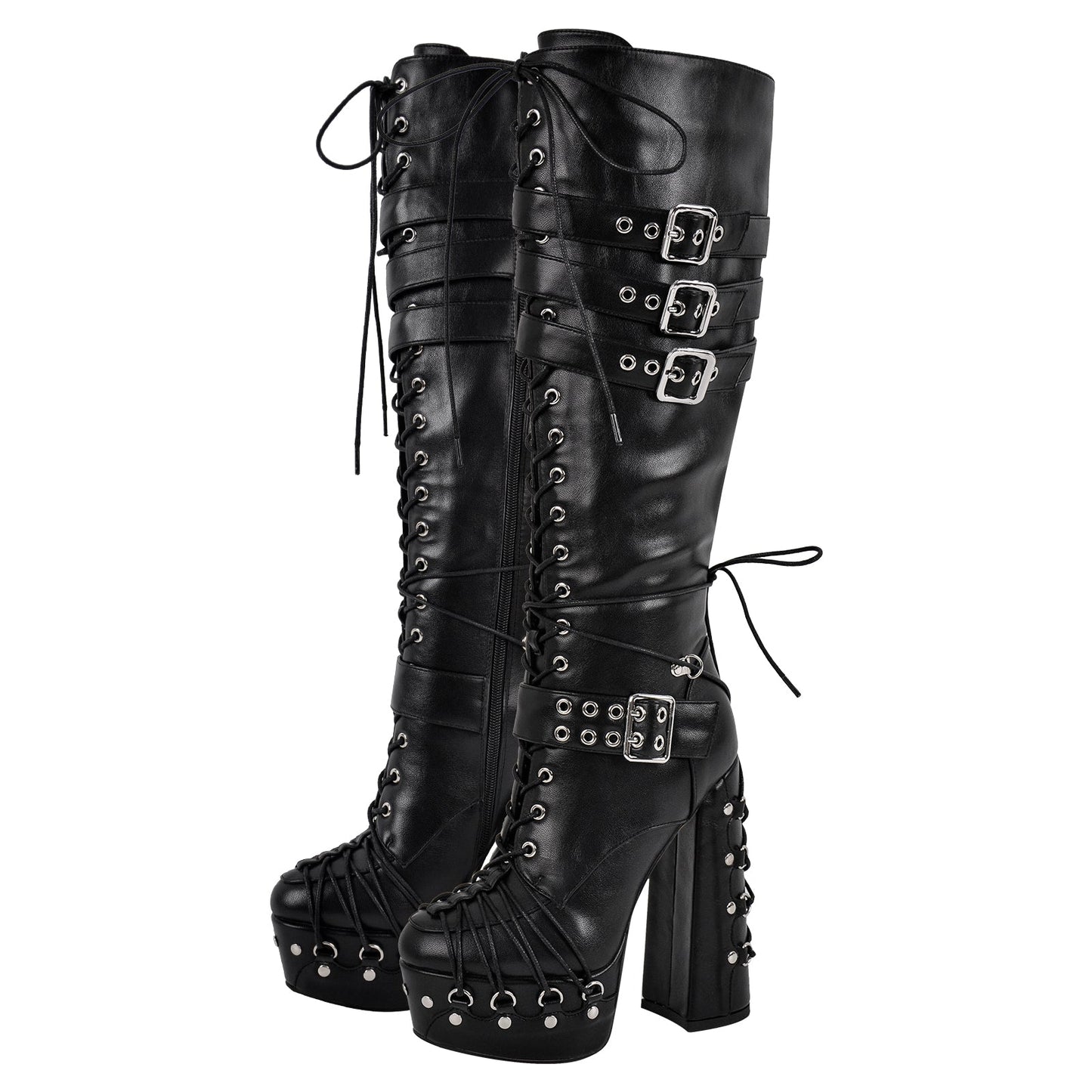 Buckle Lace-up Platform Knee High Boots