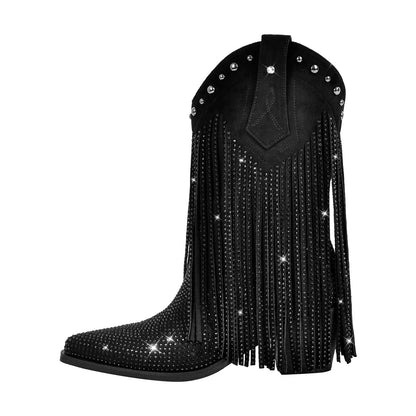 Rhinestone Pointed Toe Fringe Mid-Calf Western Boots