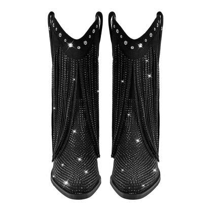 Rhinestone Pointed Toe Fringe Mid-Calf Western Boots