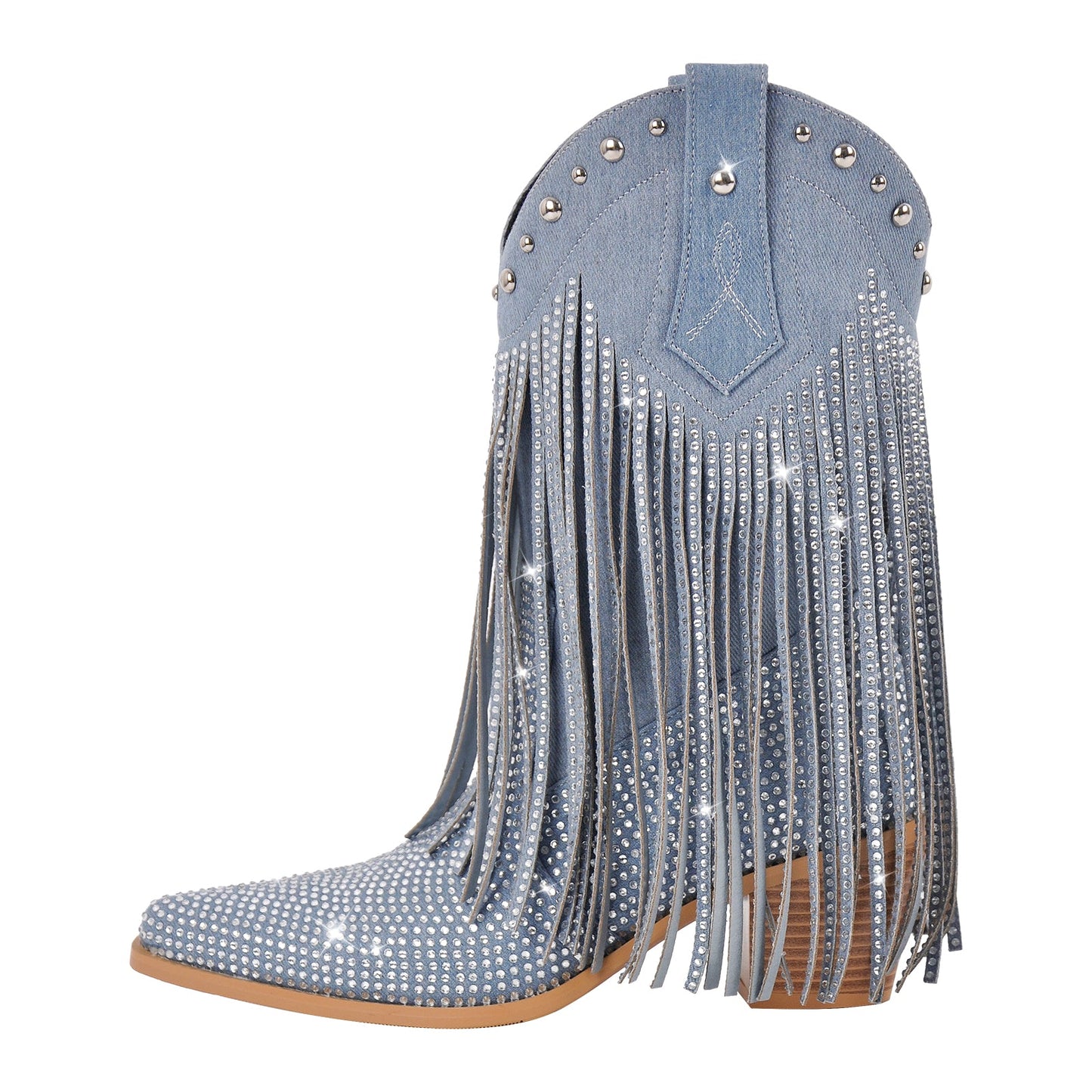 Rhinestone Pointed Toe Fringe Mid-Calf Western Boots