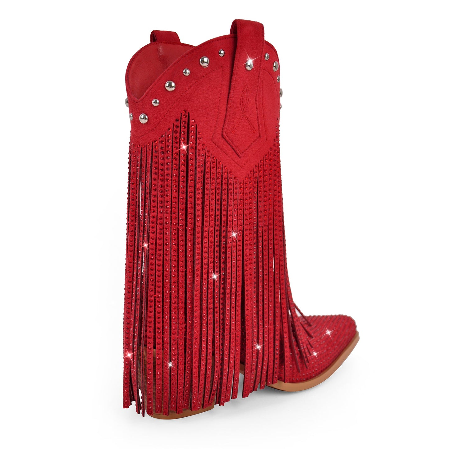 Rhinestone Pointed Toe Fringe Mid-Calf Western Boots