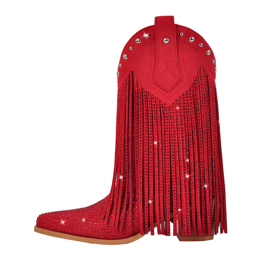 Rhinestone Pointed Toe Fringe Mid-Calf Western Boots