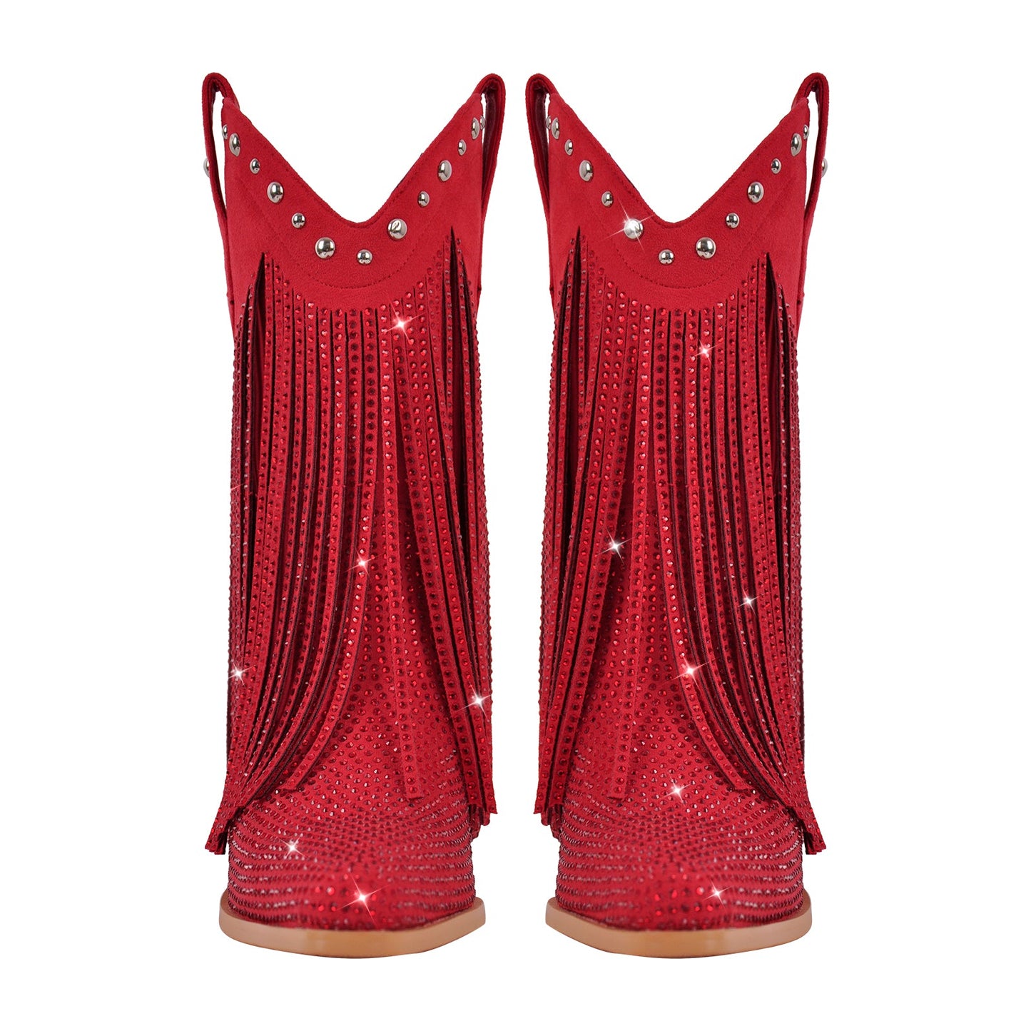 Rhinestone Pointed Toe Fringe Mid-Calf Western Boots