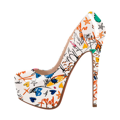 Graffiti Colorful Round Toe Platform Stiletto Pumps