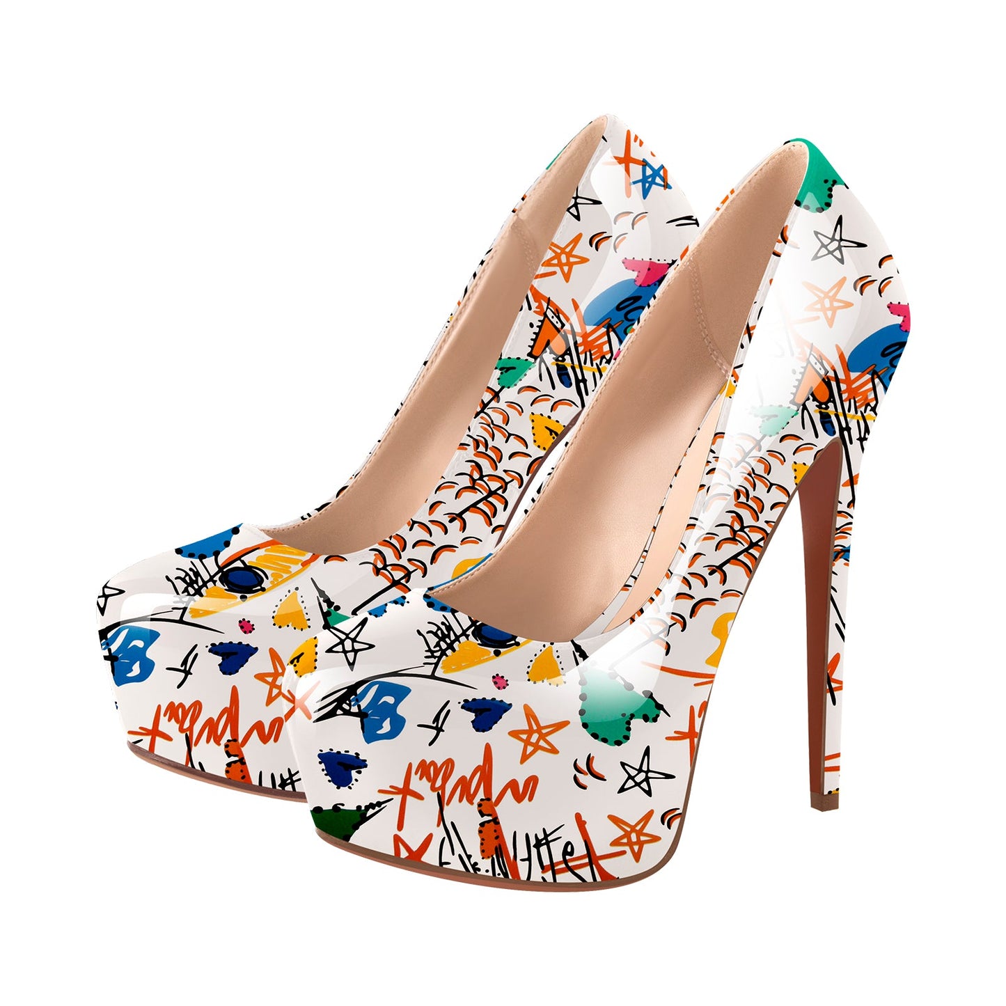 Graffiti Colorful Round Toe Platform Stiletto Pumps