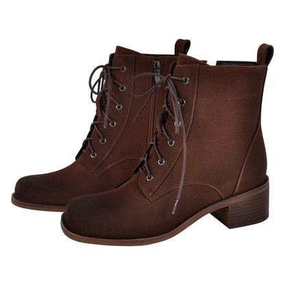 Square Toe Suede Lace-up Ankle Boots